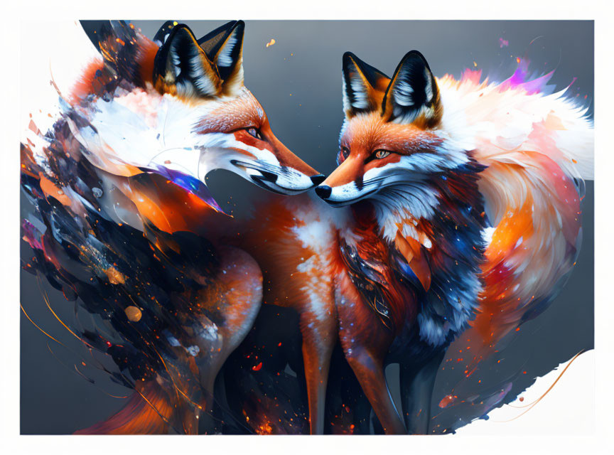 Stylized foxes in vibrant colors and abstract patterns on surreal background