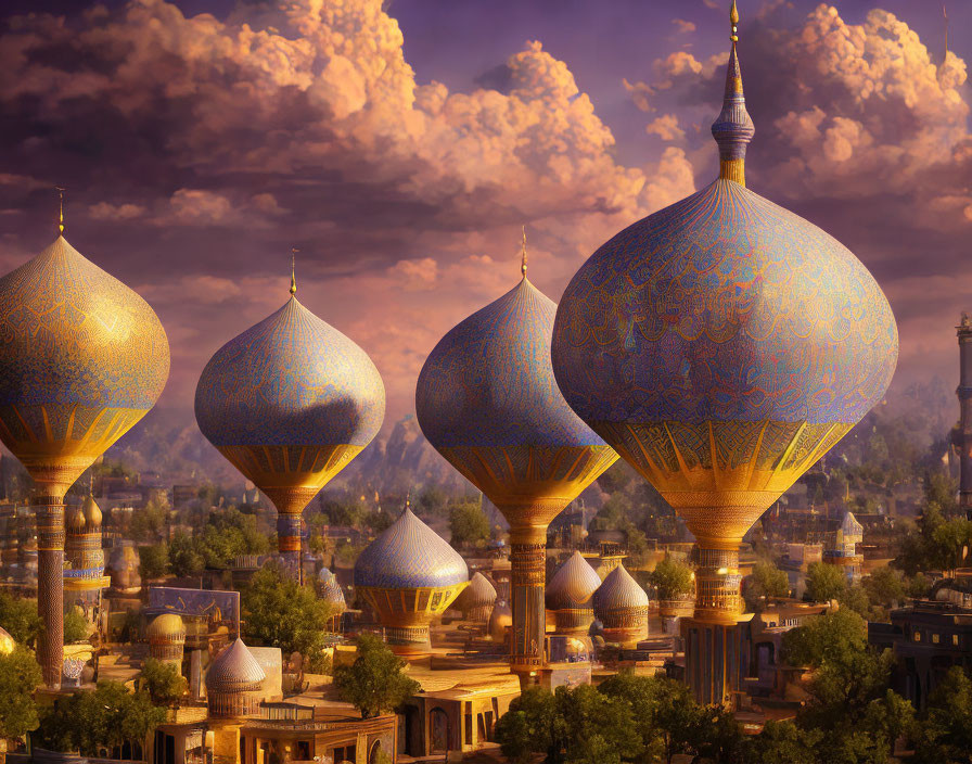 Golden-domed fantasy cityscape under sunset sky with blue-patterned buildings