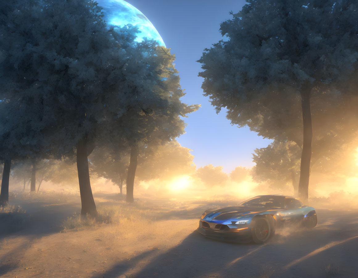 Sports car in misty forest with sunlight and large planet in sky