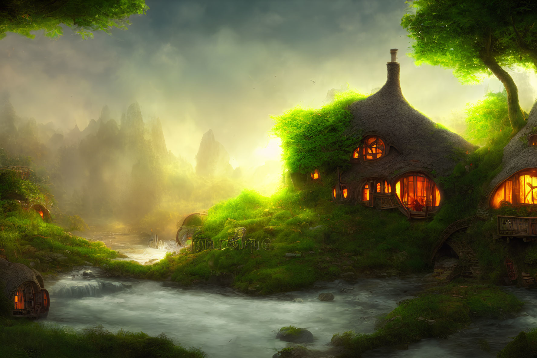 Fantasy landscape: Thatched cottages, river, misty mountains