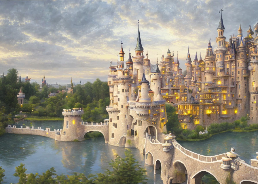 Majestic illuminated castle with spires and bridge over river at dusk