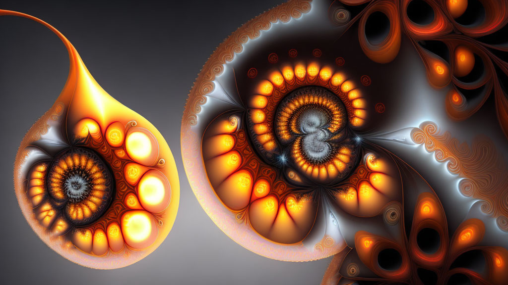 Abstract digital fractal art: Orange and black swirls on gray background