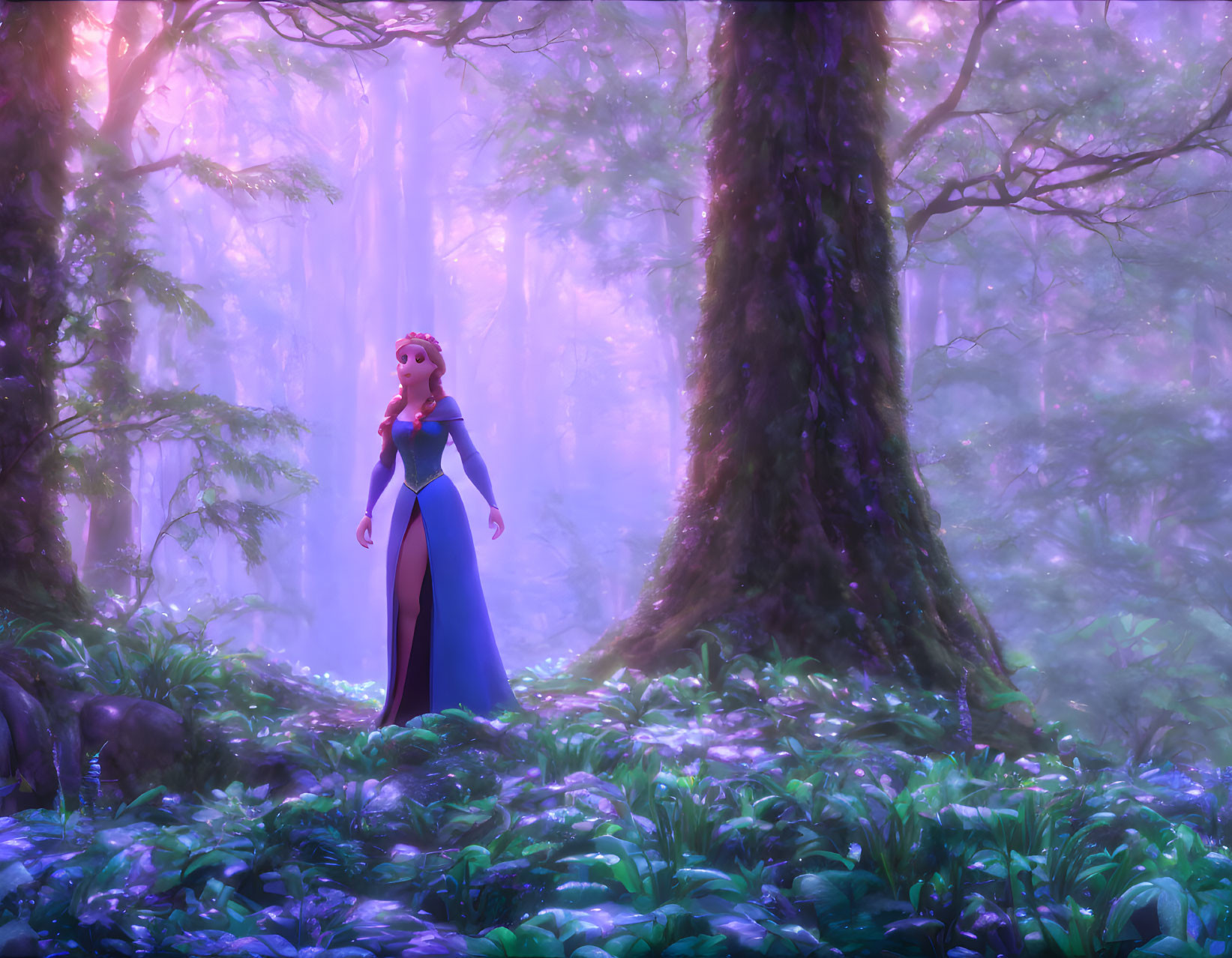 Animated character in regal attire in mystical purple forest