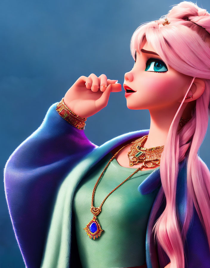 Pink-haired animated character in green outfit with blue eyes and gold accessories thinking deeply