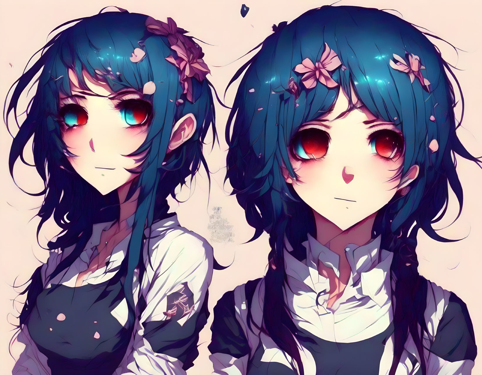 Anime-style girls with blue hair and red eyes in floral setting on pink background