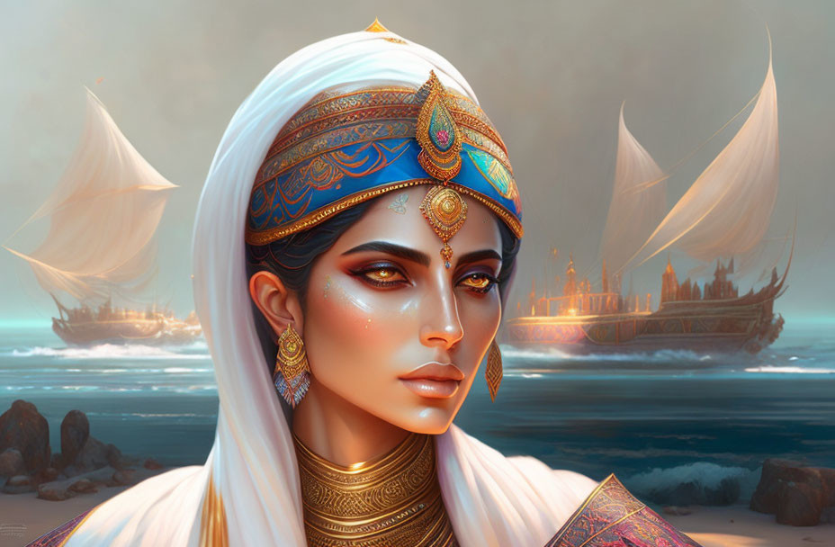 Digital artwork featuring woman with elaborate jewelry and headpiece, white drapery, sailing ships, h