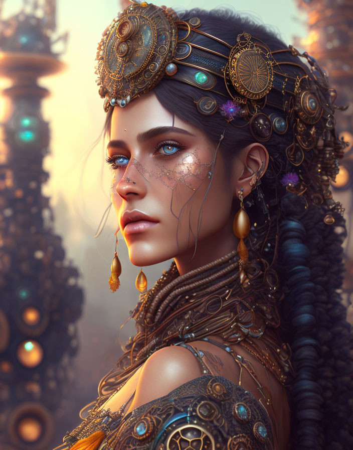 Detailed digital portrait of a woman with golden headdress, jewelry, and intricate braid.