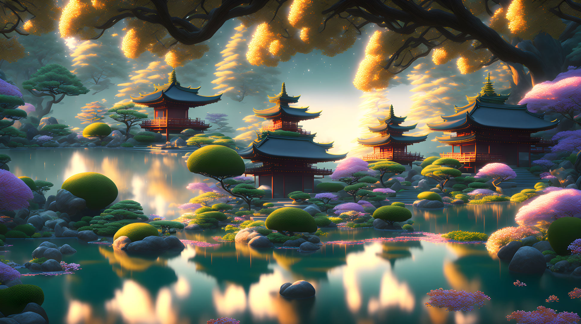 Fantastical twilight landscape with pagodas, glowing trees, and reflective lake