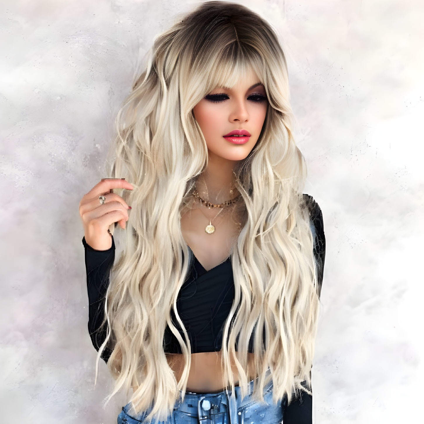 Blonde woman with wavy hair and dark makeup in stylish outfit