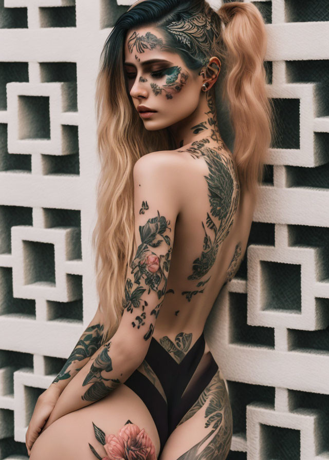 Woman with Side-Swept Ponytail and Body Tattoos on Geometric Background