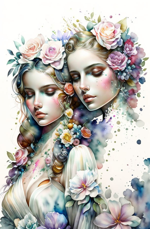 Two women with floral hair adornments in soft pastel colors and watercolor splashes.