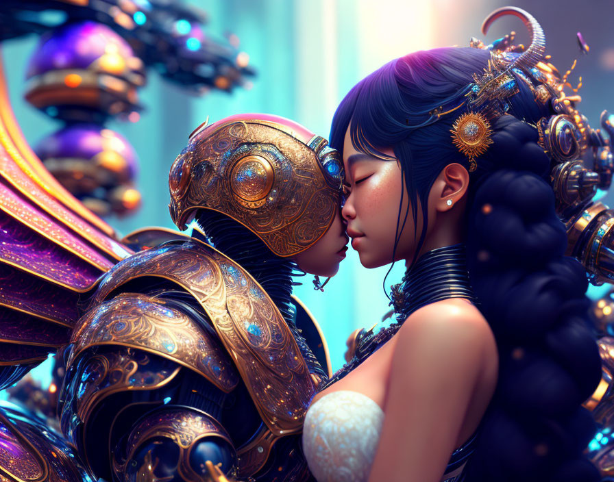 Intricately designed humanoid robots in intimate moment against futuristic backdrop