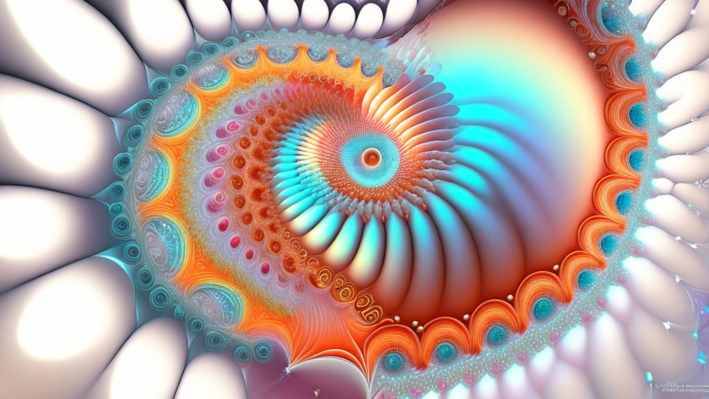 Fractal spiral patterns in warm orange and blue hues with intricate details.