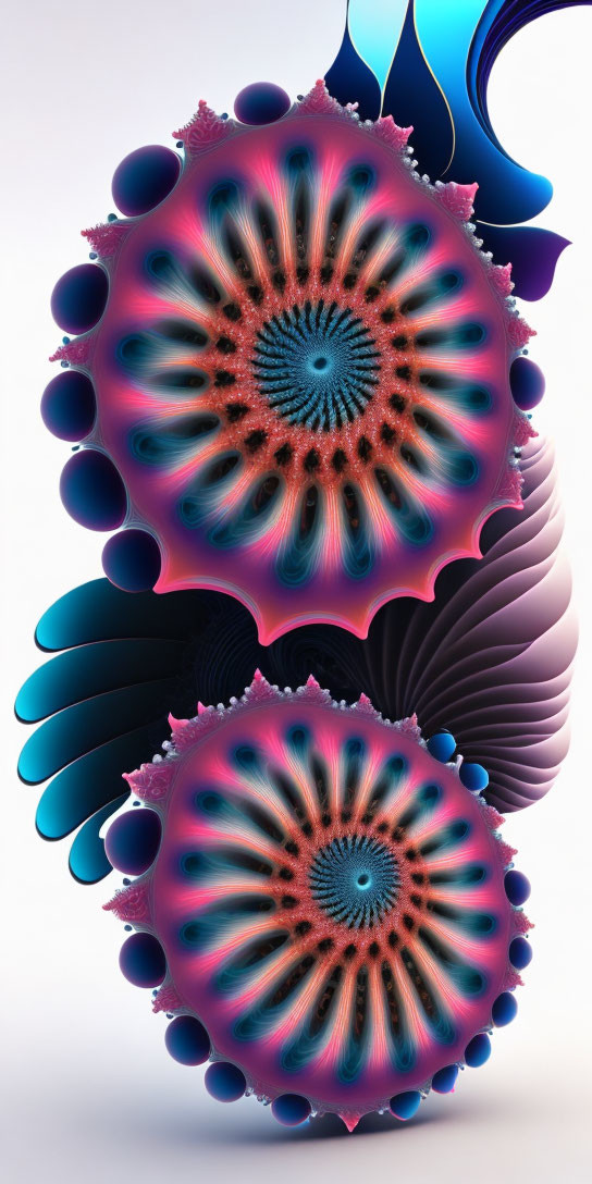 Symmetrical Abstract Fractal Art: Circular Patterns in Pink, Blue, and Purple