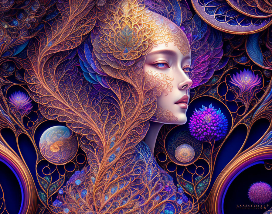 Profile view digital artwork with celestial theme and intricate patterns in blues and golds