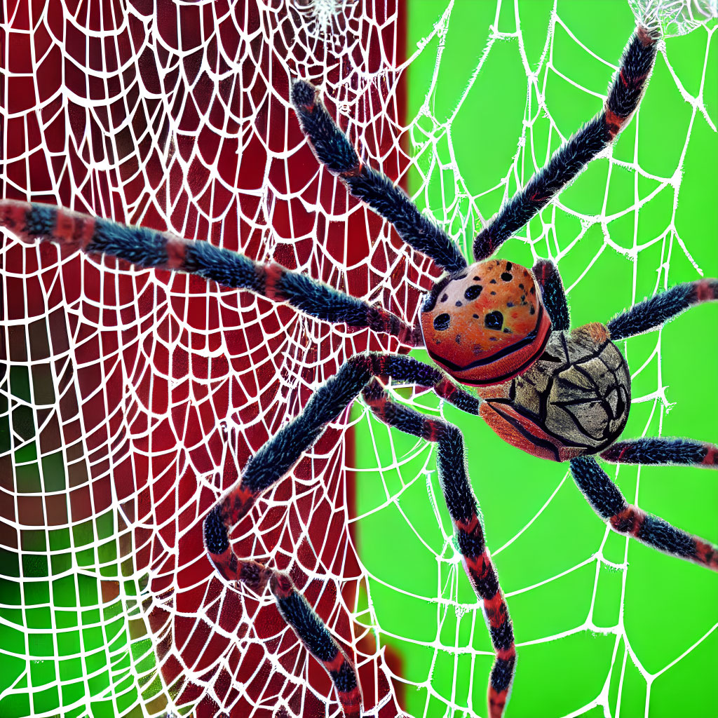 Colorful Spider with Intricate Patterns on Web with Red and White Background