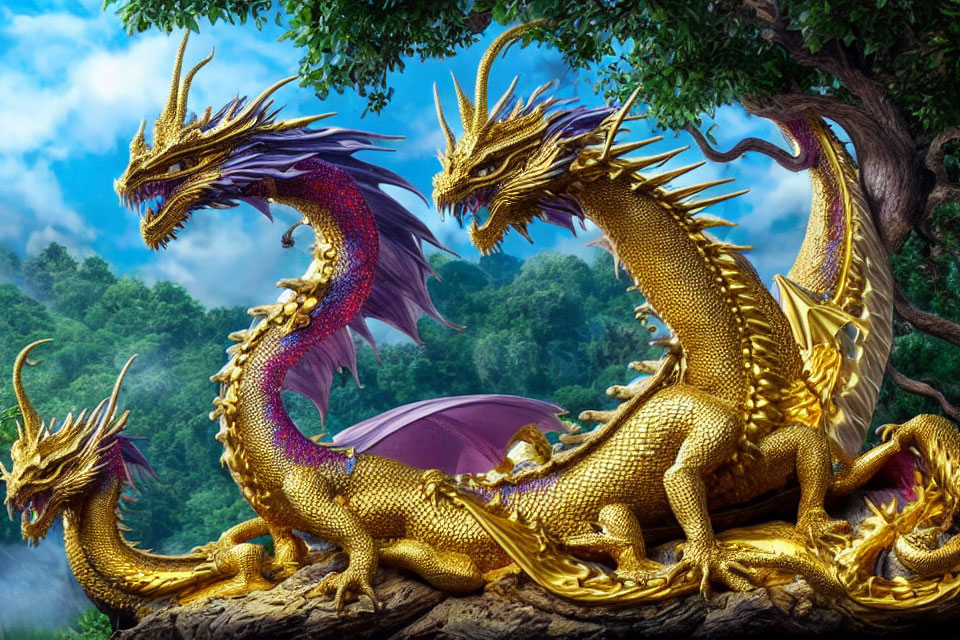 Vibrant digital artwork: golden dragon with purple details in forest setting