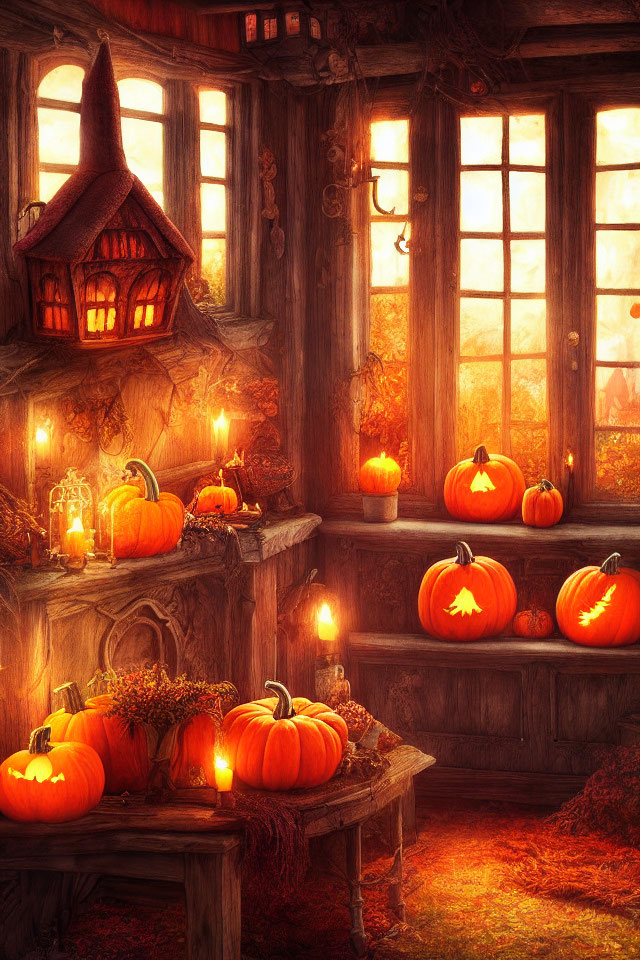 Autumn-themed room with carved pumpkins, candles, and witch's hat house in golden sunlight