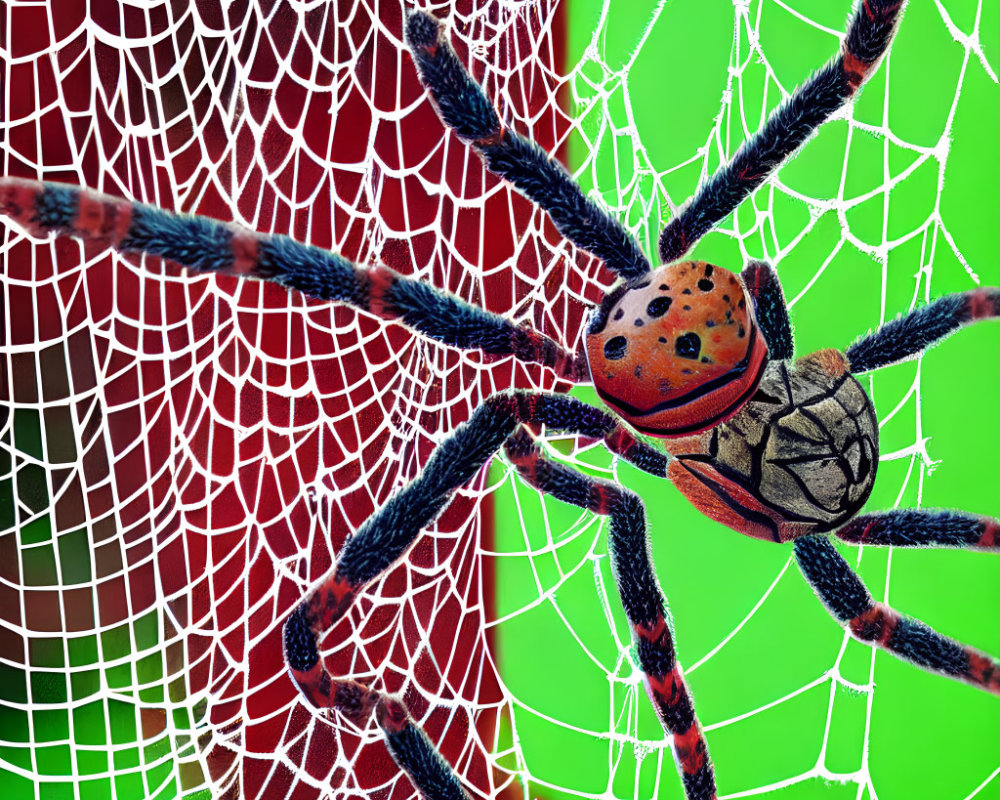 Colorful Spider with Intricate Patterns on Web with Red and White Background