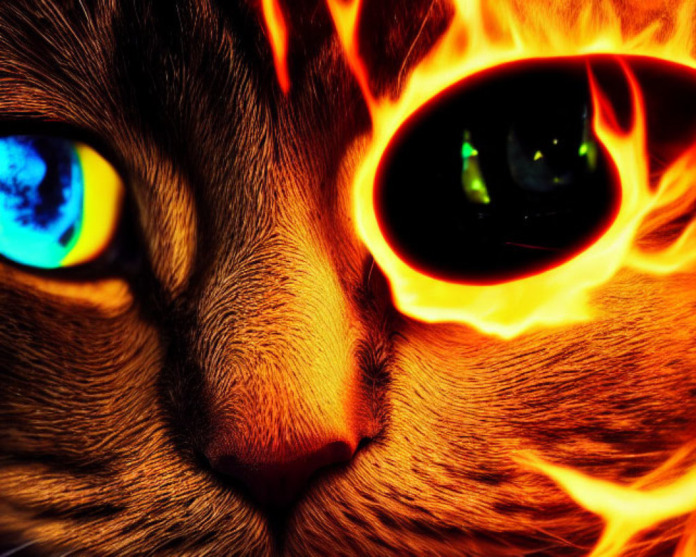 Close-up Cat Face with Flaming Eye Effect