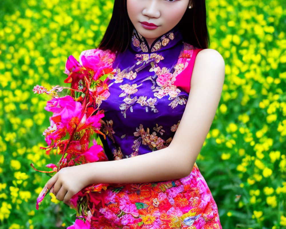 Young woman in floral dress standing in vibrant flower field with bouquet