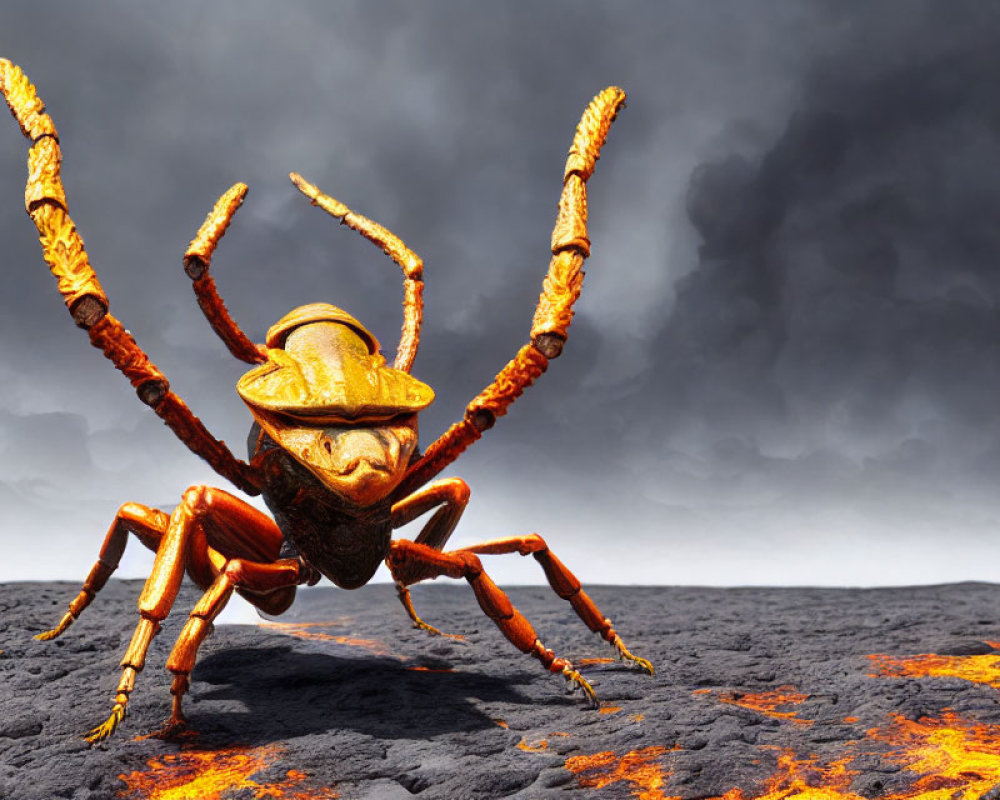 Stylized giant beetle on volcanic landscape with lava cracks under stormy sky