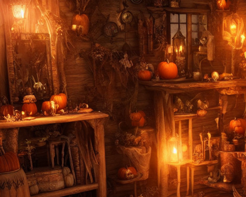 Rustic wooden cabin interior with warm candlelight and autumnal decor