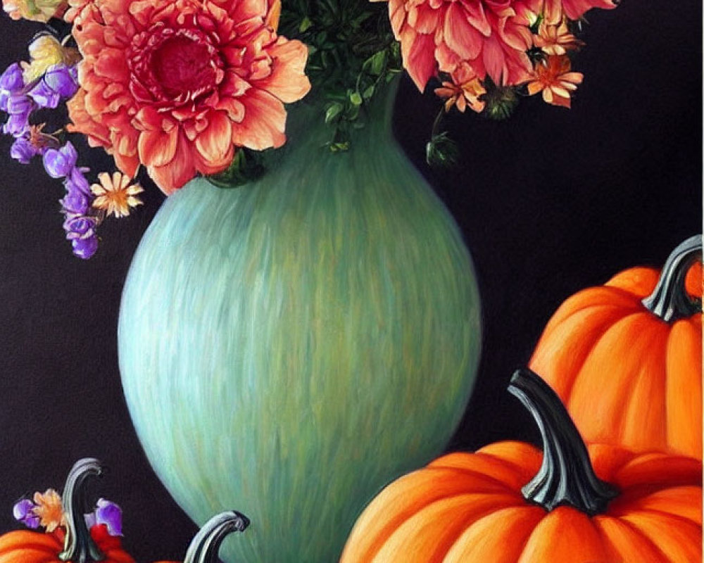 Colorful painting of green vase, red-orange flowers, and orange pumpkins on dark surface