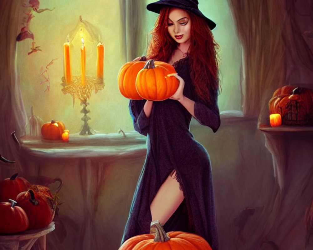 Woman in Black Witch Costume Carving Pumpkin in Cozy Autumn Setting