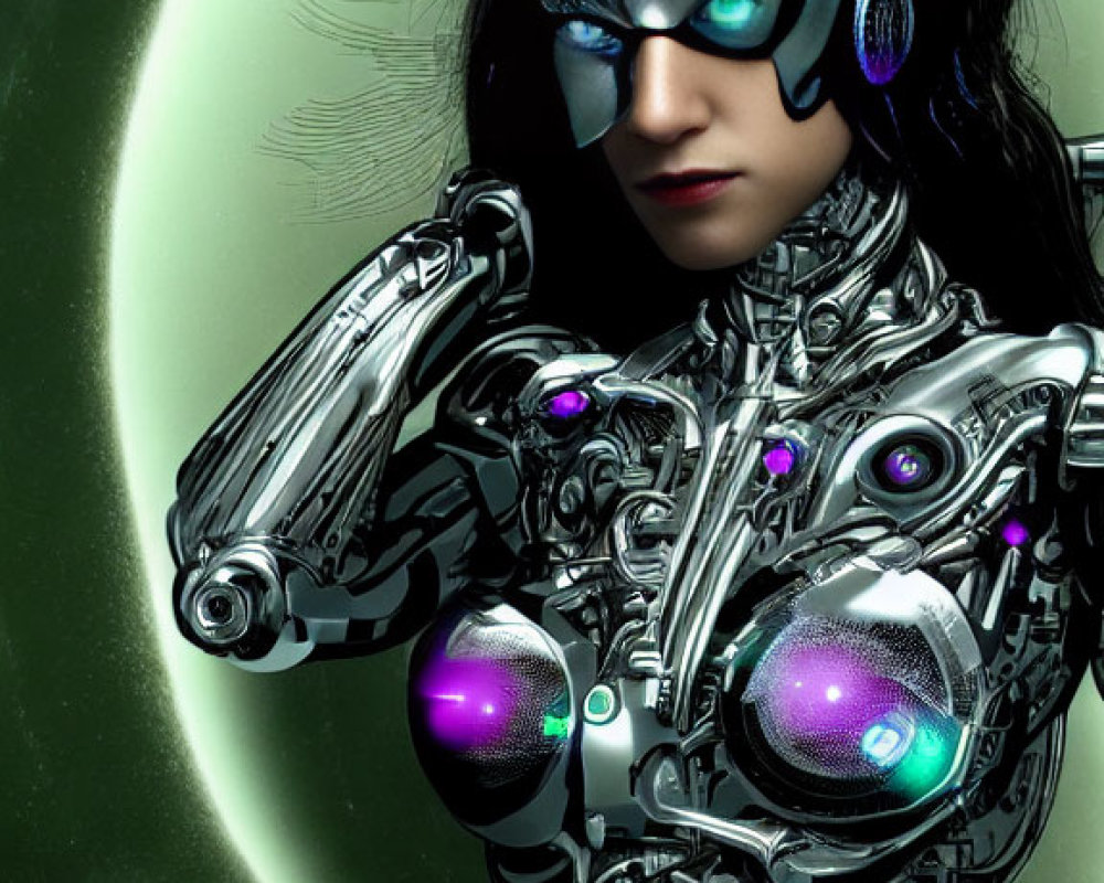 Female cyborg with futuristic visor and glowing green aura.