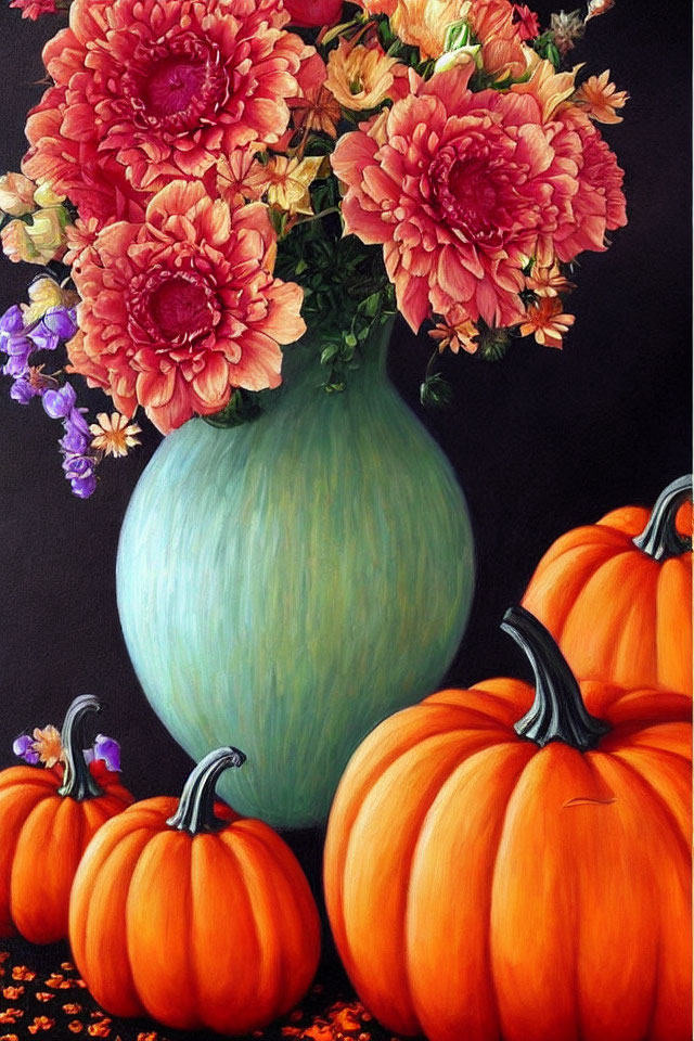 Colorful painting of green vase, red-orange flowers, and orange pumpkins on dark surface