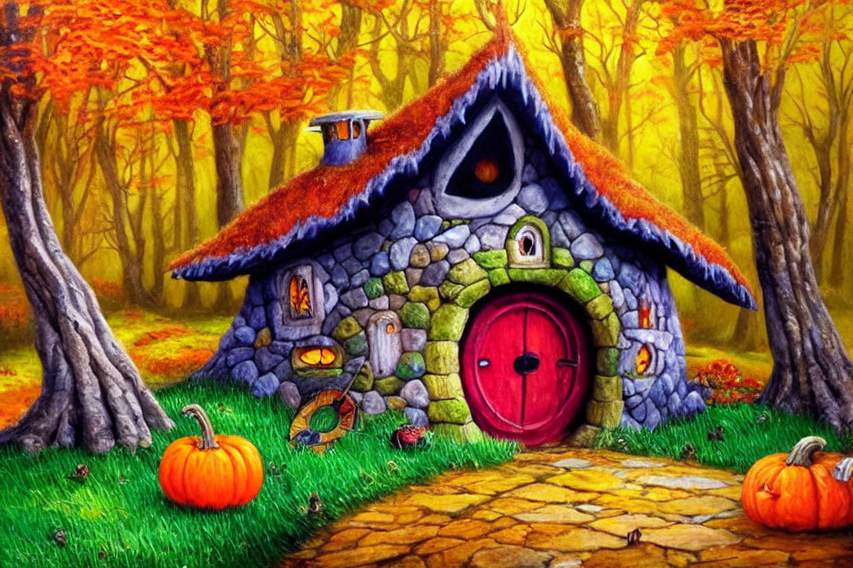 Stone Cottage with Thatched Roof and Red Door in Autumn Forest