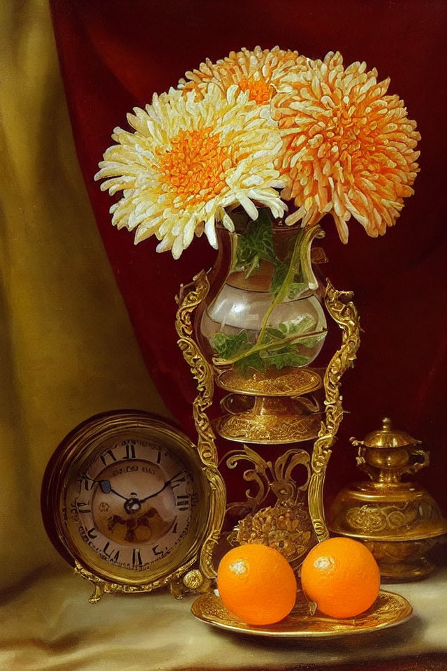 Classic still life painting with chrysanthemums, gold clock, oranges, and red backdrop