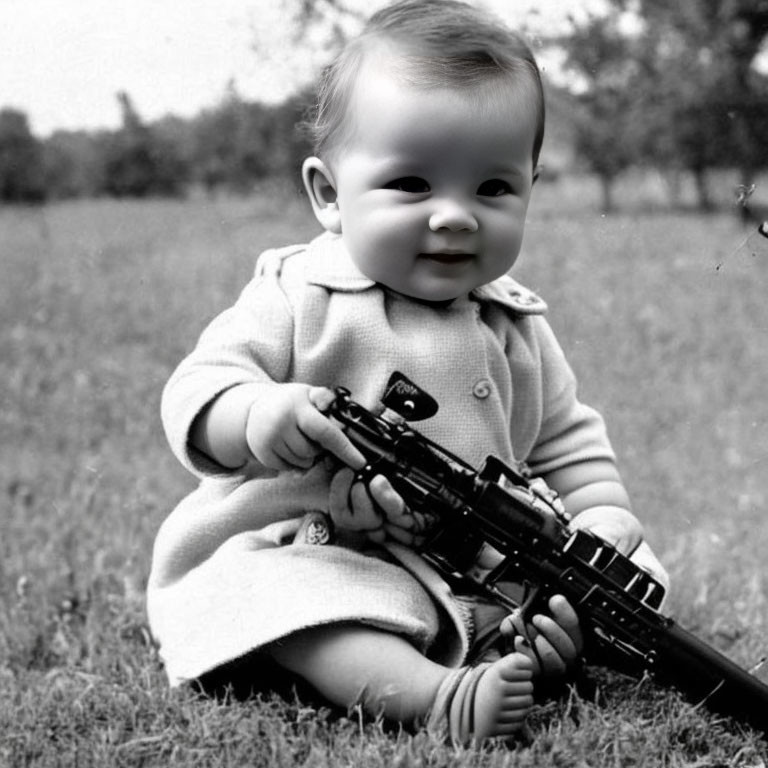 Smiling baby holding large gun outdoors in black and white photo