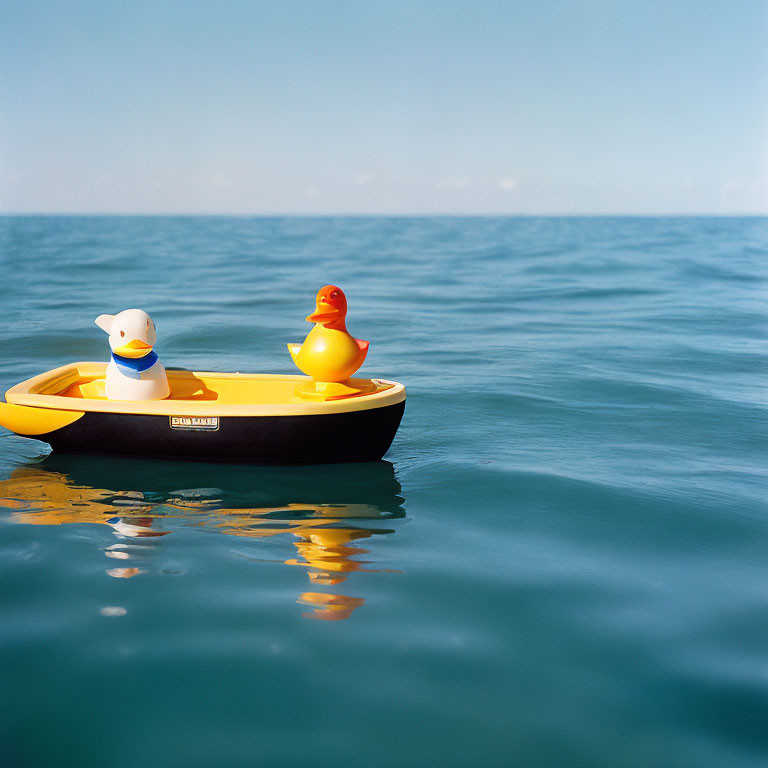 Toy Duck and Sailor Figure on Small Yellow Boat in Calm Blue Sea