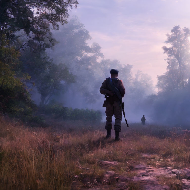 Soldier with Rifle in Misty Wooded Landscape at Dawn or Dusk