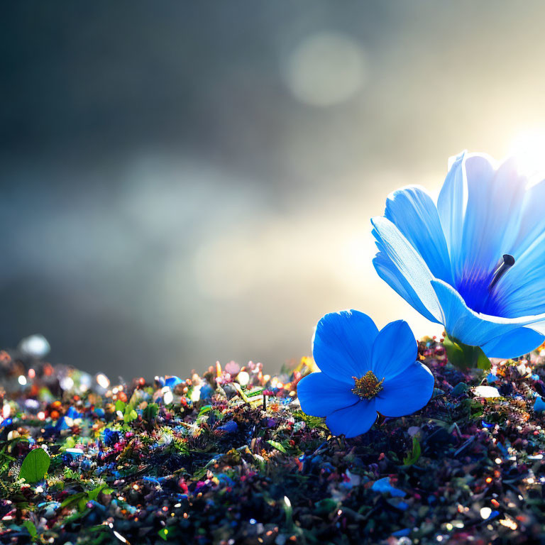 Vibrant Blue Flowers on Colorful Ground Cover with Sun Flares