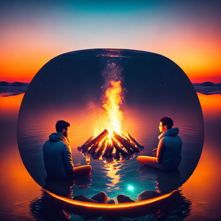 Campfire scene with two people near water and sunset/sunrise in circular frame