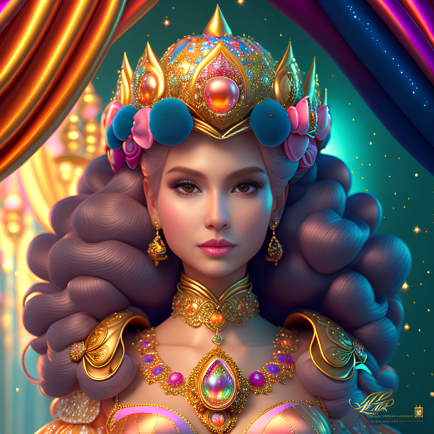 Regal woman with golden crown and intricate jewelry in front of draped curtains