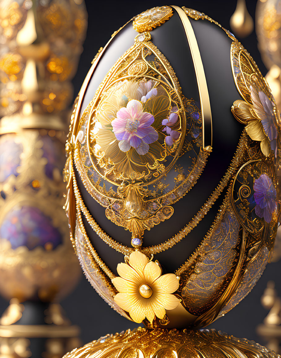 Intricate Floral Patterns on Luxurious Golden Fabergé Egg