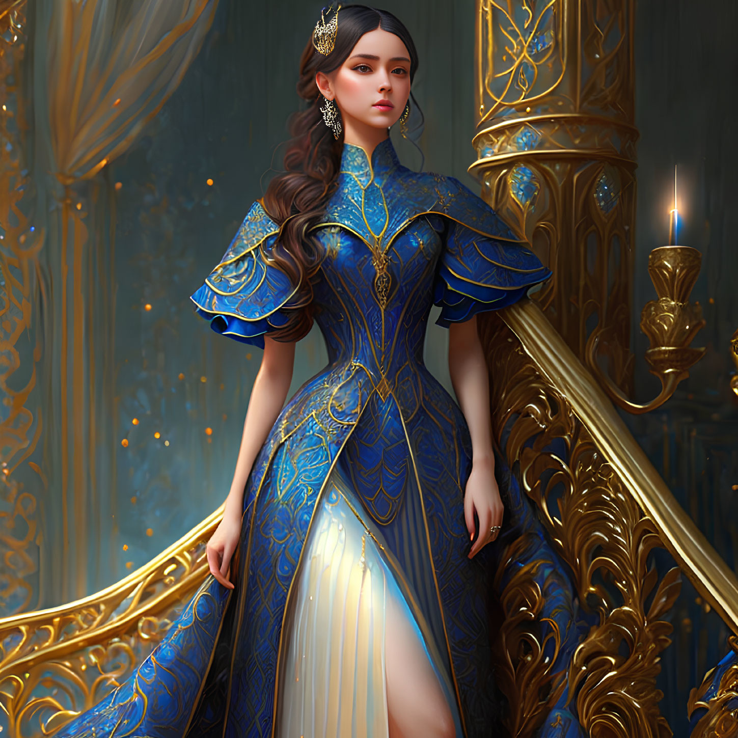 Elegant Woman in Blue Gown Beside Grand Staircase