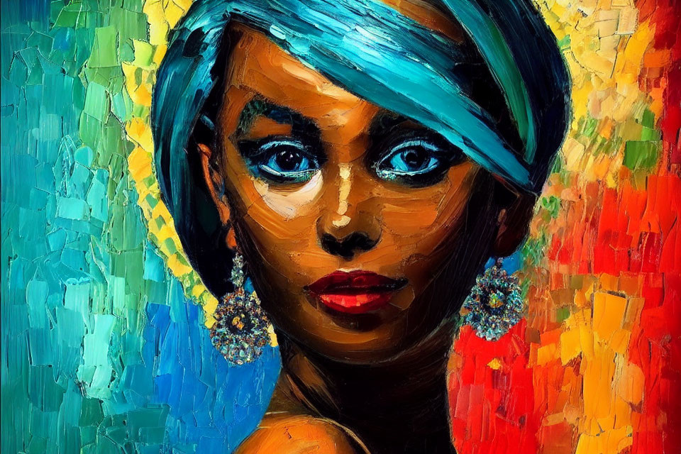 Abstract oil painting: Woman with striking eyes, teal hair, colorful background