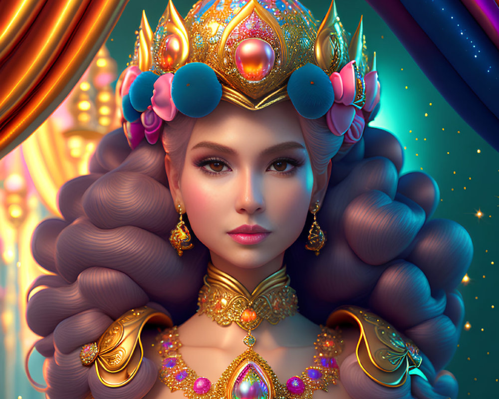 Regal woman with golden crown and intricate jewelry in front of draped curtains