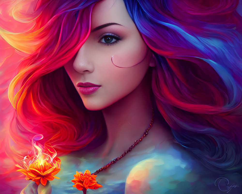 Colorful Digital Portrait of Woman with Multicolored Hair Holding Luminous Flower