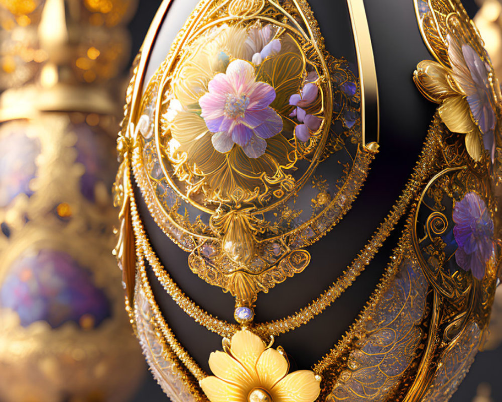 Intricate Floral Patterns on Luxurious Golden Fabergé Egg