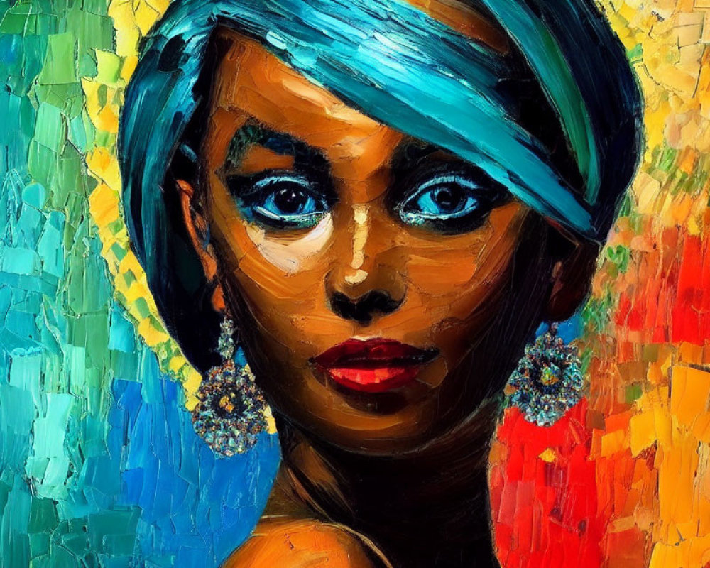 Abstract oil painting: Woman with striking eyes, teal hair, colorful background