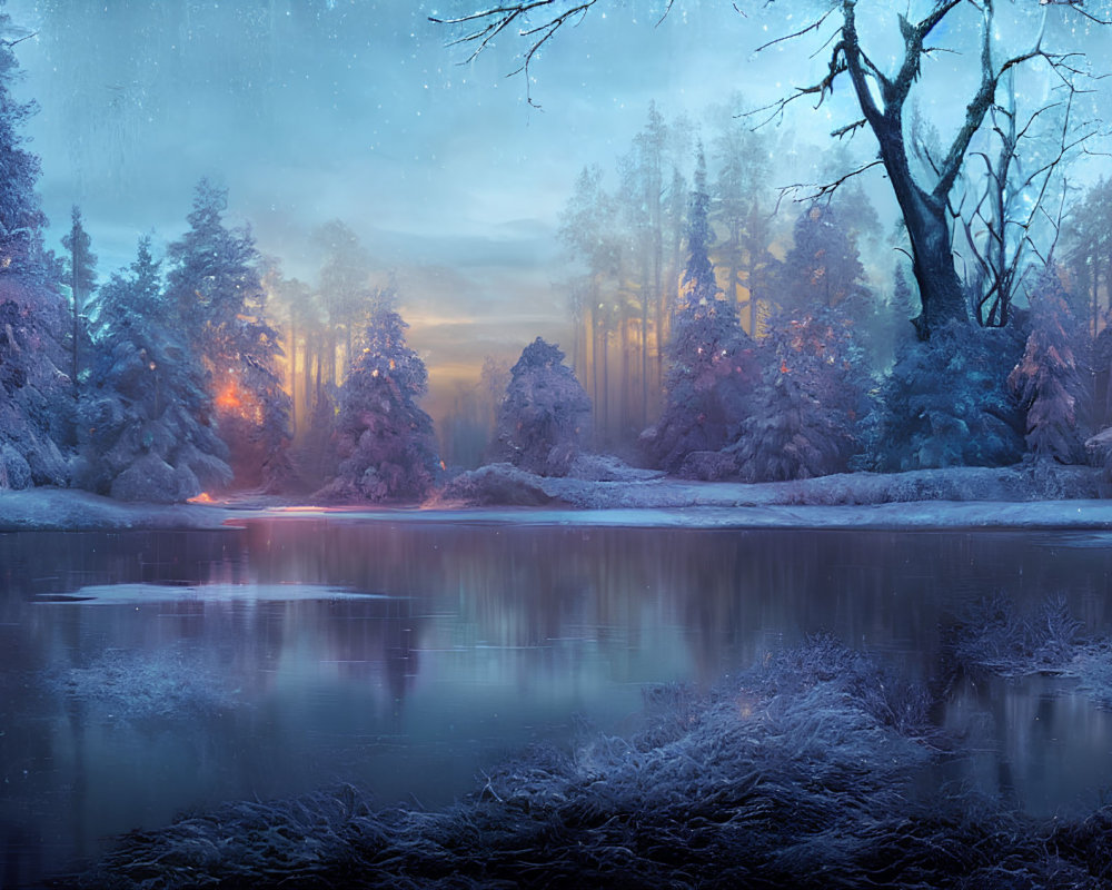 Snow-covered twilight forest scene with pink sunset reflection on serene lake