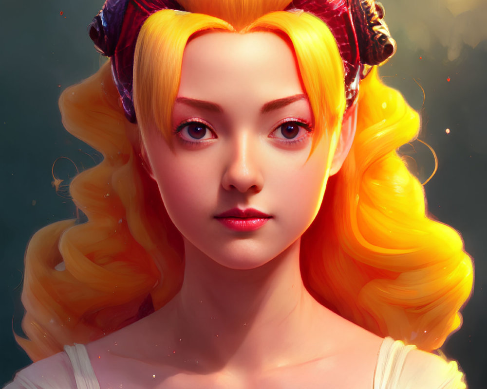 Digital portrait of female character with golden hair, blue eyes, and red headpiece