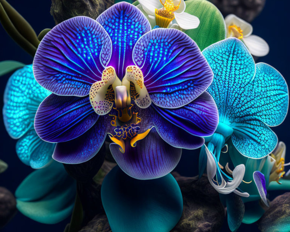 Detailed digital illustration of vibrant blue orchid with textured petals among exotic flowers on dark backdrop