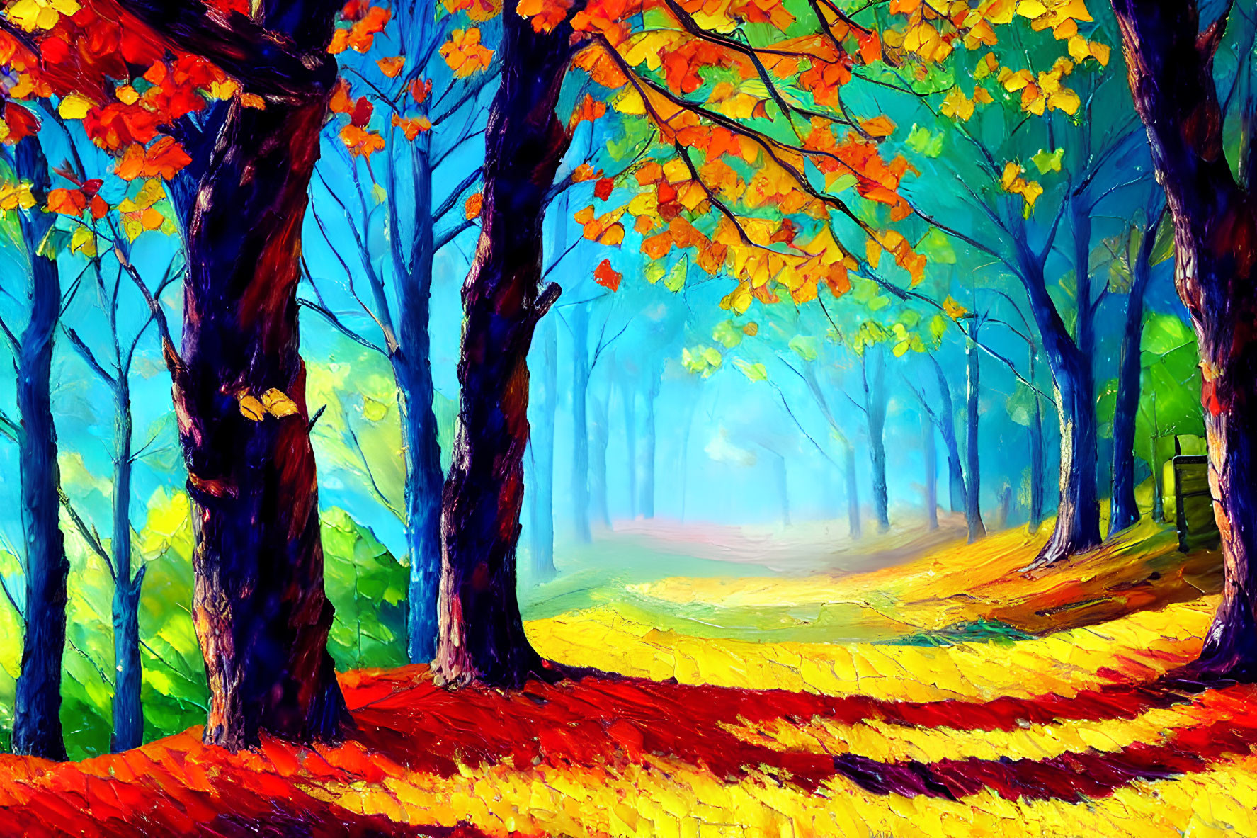 Colorful Autumn Forest Painting with Leaf-Covered Path